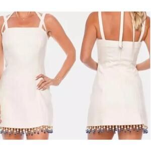House of Harlow 1960 White Linen Blend Dress w/ Beaded Fringe sz L